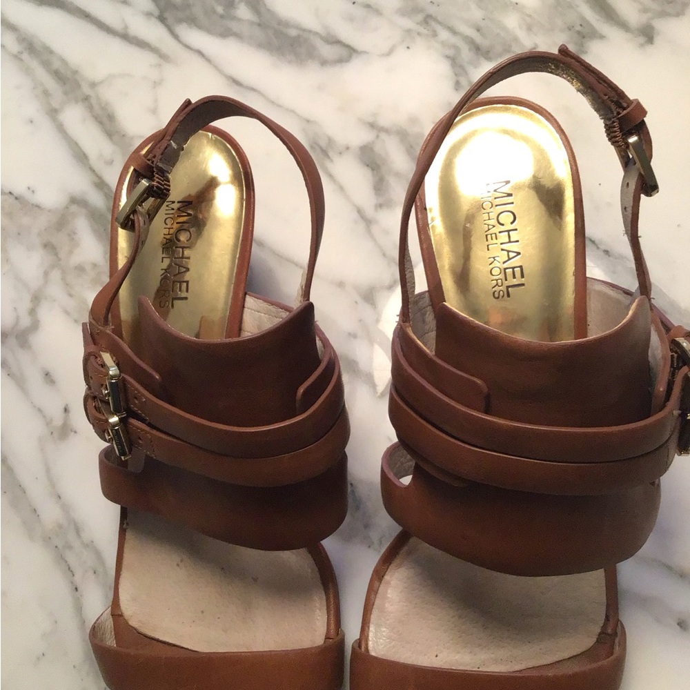 Michael Kors Tan Brown Leather Strappy Heels with Gold Insole
